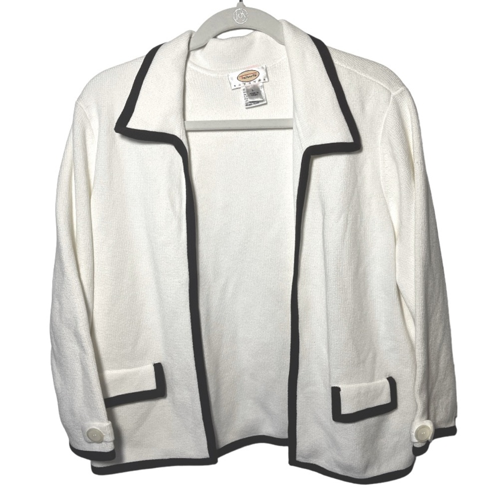 Talbots White Open‎ Front Cardigan Lady Jacket With Brown Trim